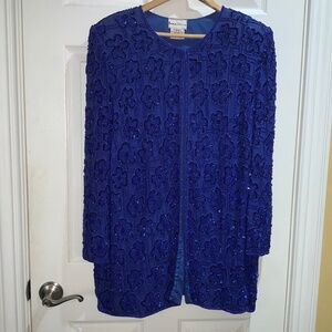 Patra Stanay royal blue beaded vintage silk jacket Sz 2X cocktail holiday formal